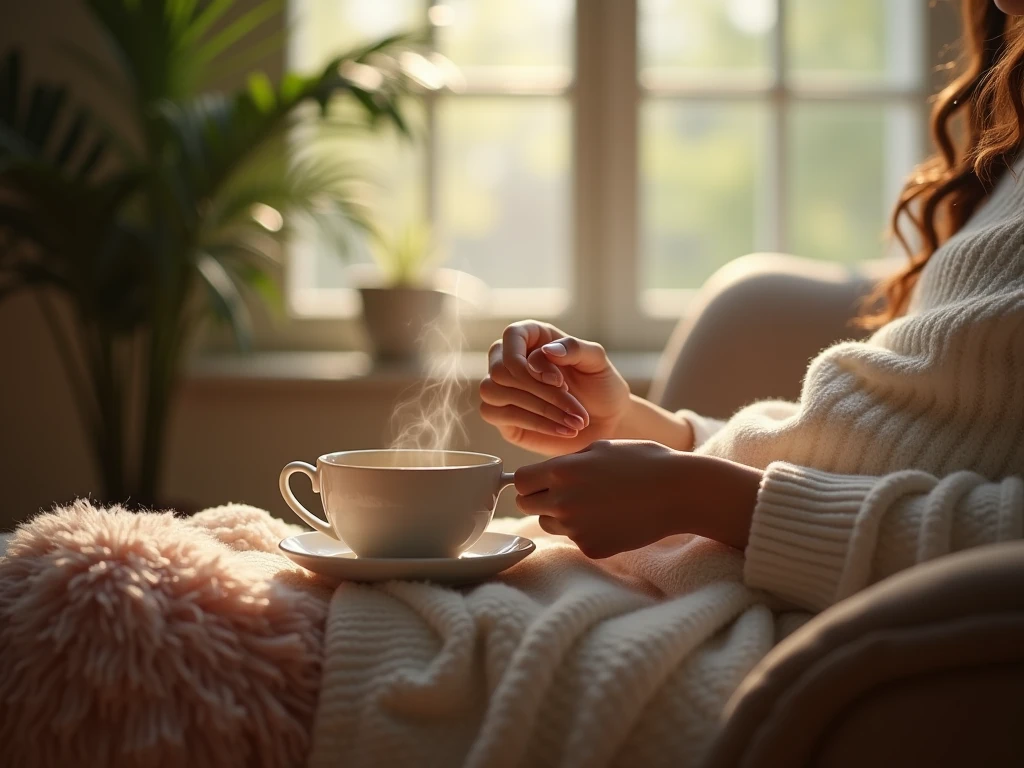 Rolig stund med tekopp og mykt lys som symboliserer selvomsorg